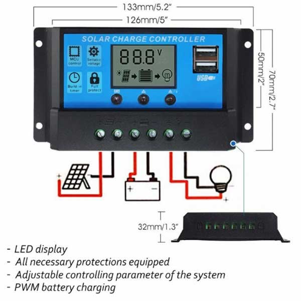 30A12V/24V Auto PWM Solar Panel Controller Battery Charge Regulator With USB 