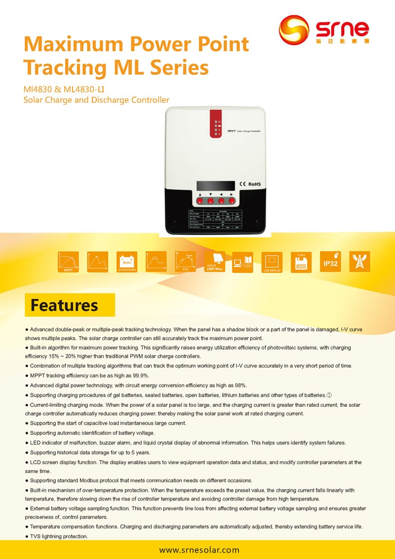 SRNE ML4830 Solar Charge 12V/24V/36V/48V Auto 30A With LCD Display for Solar Battery