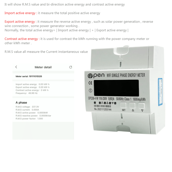WiFi smart electric energy meter. Single phase Din rail 5(60)A 110V/220V with over and under voltage current protection