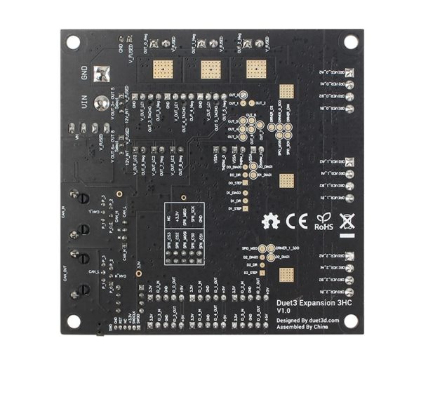Cloned Duet 3 3HC Upgrades Controller Board Duet 3 Advanced 32bit board For BLV MGN Cube 3D Printer CNC Machine Overview The Duet 3 Expansion board 3HC v1.0 3 channel version supports the following: 3 high-current stepper drivers 3 high current PWM-capable outputs (provisionally 5A each maximum) 3 medium current PWM-capable outputs (provisionally 3A each maximum), 2-pin 3 outputs for 4-wire fans (separate PWM control wire and tacho) 9 low voltage input/output connectors. Some of these have additional facilities, for example UART capability. Connectivity to the Duet 3 Mainboard is over the CAN-FD Bus. Features Powerful 32 Bit Processor: Atmel ATSAME51N: ARM Cortex-M4F microcontroller running at 120MHz, with 512Kb flash memory, 384Kb RAM and many peripherals. Three high-current advanced TMC5160 stepper drivers: SPI controlled will all the latest Trinamic features. Maximum motor current 6.3A peak per phase (4.45A RMS). One CAN-FD BUS for connection to the main board Triple extruders: 3 medium current heater channels for up to 3 extruders. 6 PWM controllable fan channels. 3 of these support 4 wire fans including tacho reading. These can be run from either the input voltage, from 12V, or from external power for added flexibility. Also one always-on fan connector supplied with VIN voltage. Fuse fitted for input power Automatic ADC gain calibration for thermistors allows for accurate and repeatable temperature setting. PT1000 sensors are supported in addition to thermistors. In addition PT100 and Thermocouples are supported through SPI daughter boards. Power monitoring to allow for state save on power fail. Support for the Duet3d Filament Monitors both magnetic and laser versions.
